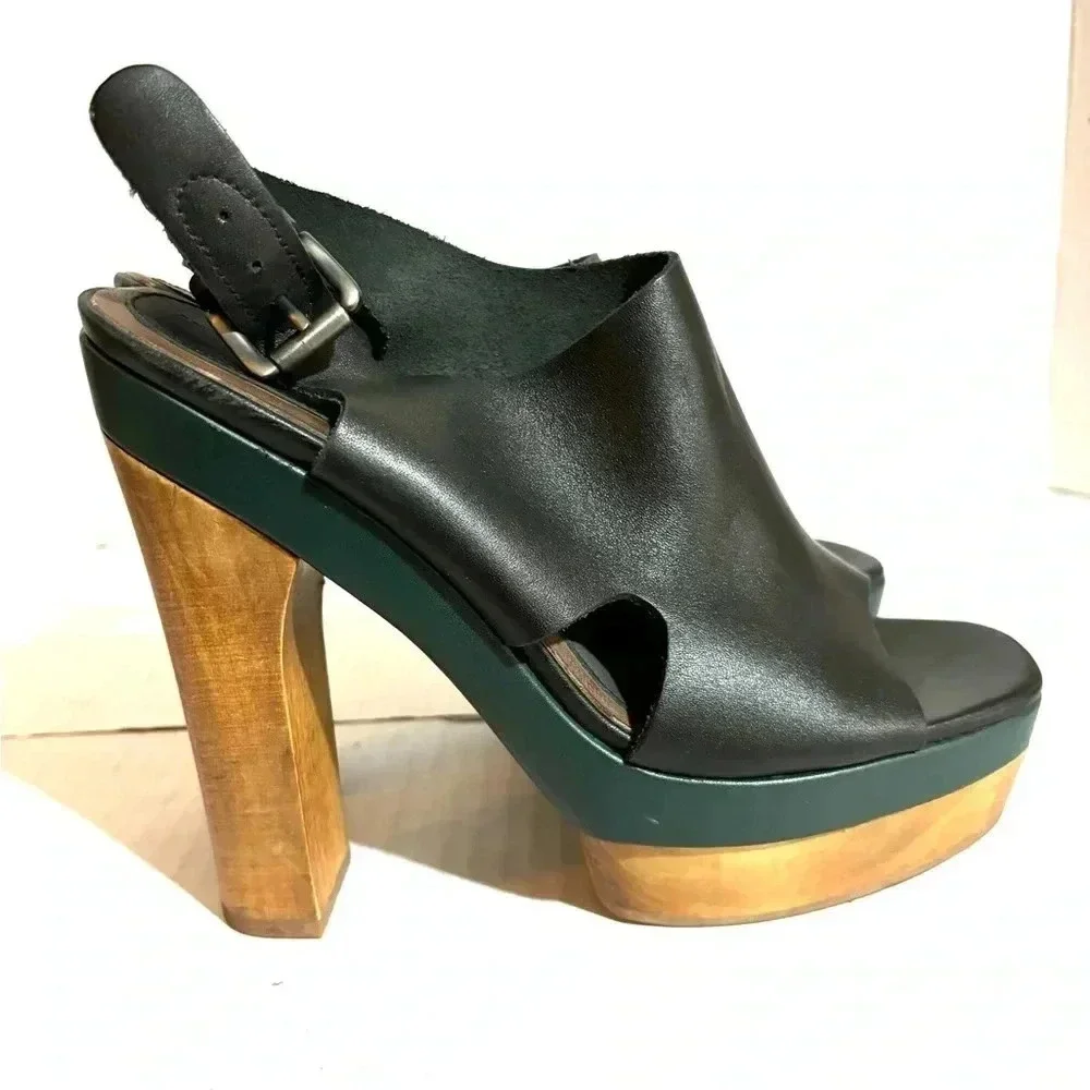 Marni + H&M black green wood leather chunky heel’s platform sandals